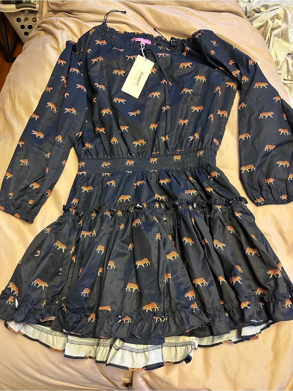 Sincerely Ours Modern Navy Mini Dress with Orange Tiger Print minimalist